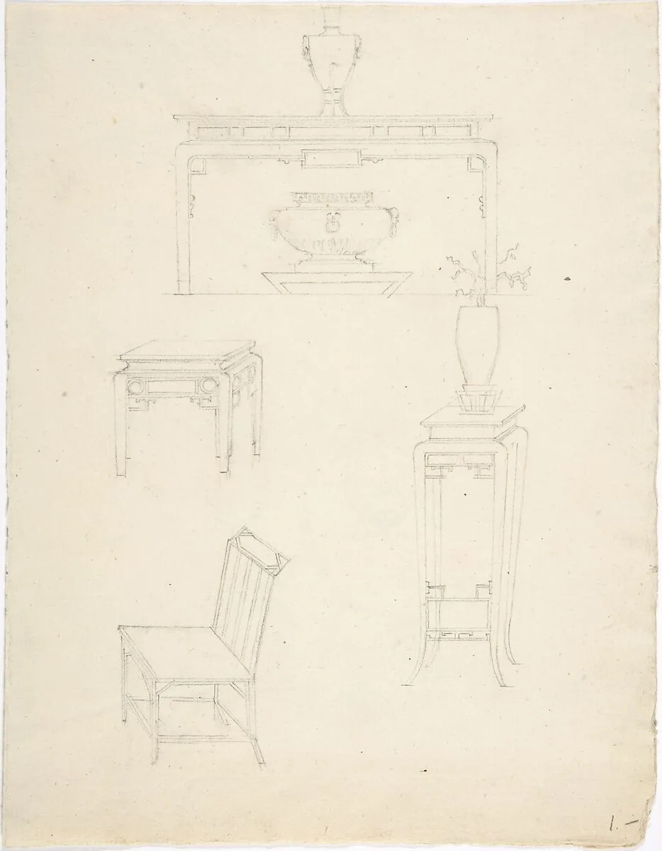 Designs for Chinoiserie Furniture: Three Tables and a Chair — Anonymous, Italian, 18th or early 19th century|Sir William Chambers