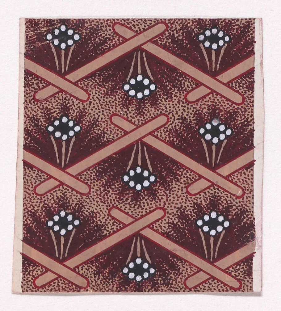 Textile Design with Horizontal Rows of Undulating Garlands and Zig-Zagging Stiff Branches Flanked by Rosettes of Pearls Over a Stippled Background — Anonymous, Alsatian, 19th century