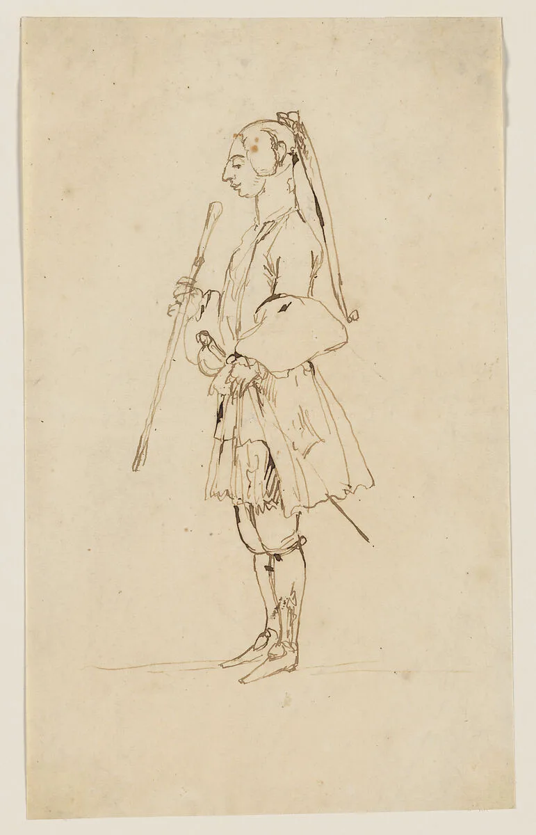 Man with a Long Pigtail and a Stick, Standing in Profile to the Left — Anton Maria Zanetti the Elder