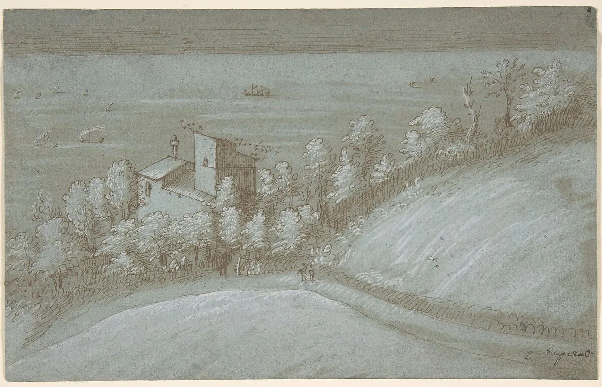 A House with a Dovecote and Trees by the Sea — Gherardo Cibo