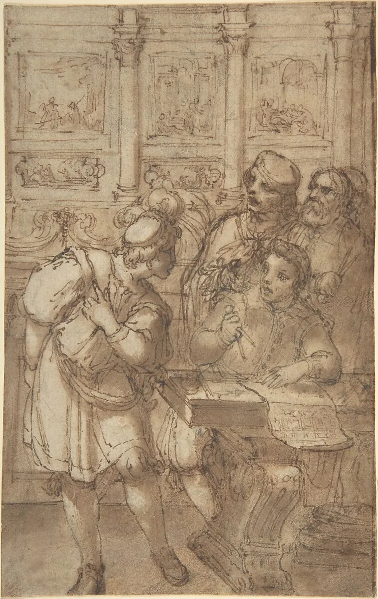 Architect in His Study Holding a Compass and Conversing with Three Men — Agostino Tassi