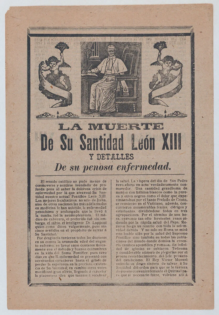 Broadsheet relating to the death of Pope León XIII, he is shown in his study flanked by angels — José Guadalupe Posada