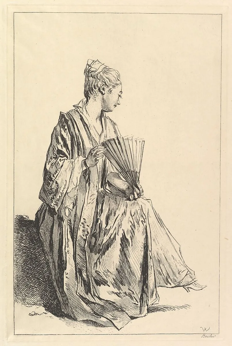 Femme assise, de profil à droite, jouant de l'eventail — François Boucher|Antoine Watteau