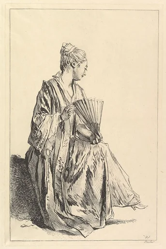 Femme assise, de profil à droite, jouant de l'eventail