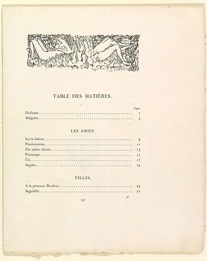 Table of contents and colophon, from a book of poems by Paul Verlaine titled "Parallèlement"