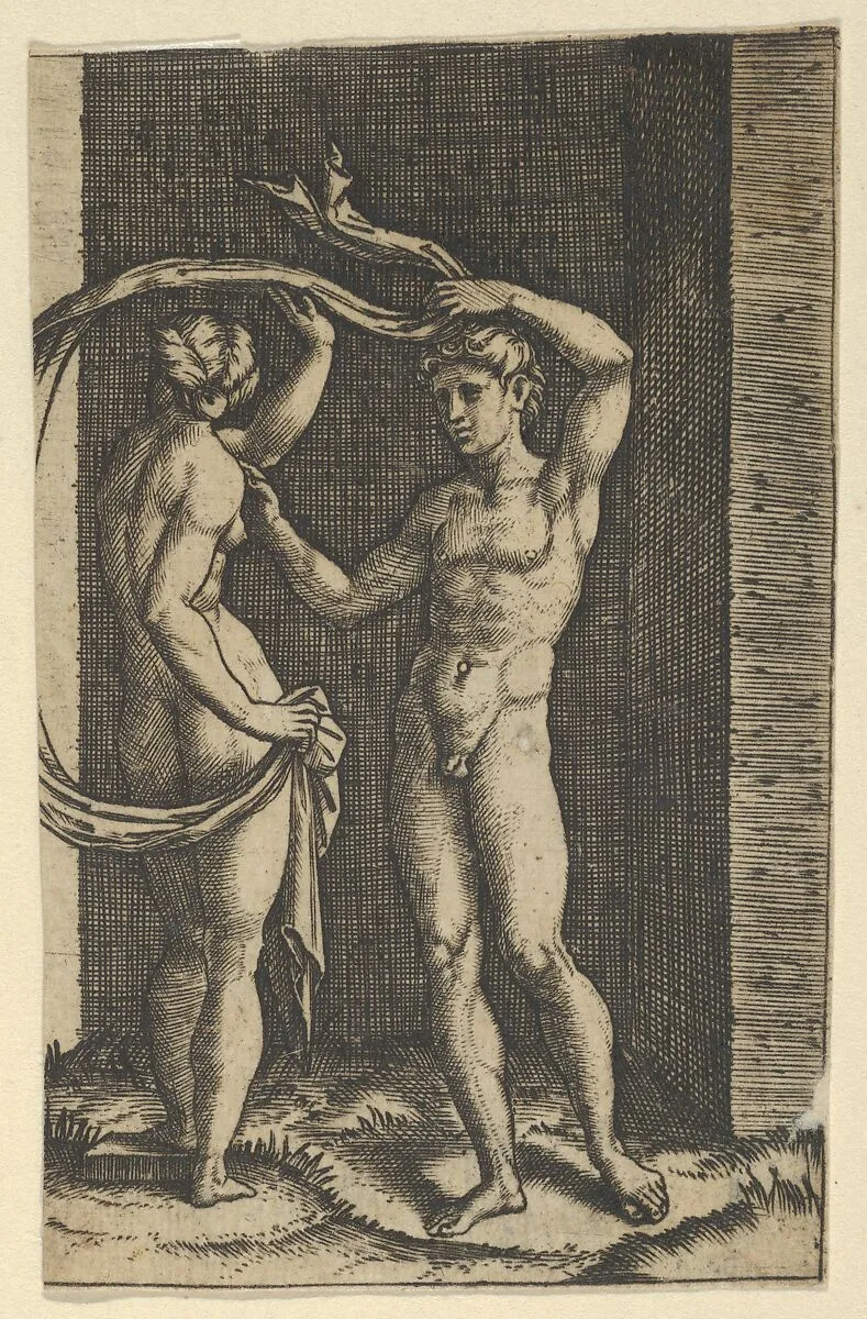 Nude woman viewed from behind holding fabric which blows behind her, looking at male nude standing in contrapposto in front of her. — Marcantonio Raimondi|Raphael (Raffaello Sanzio or Santi)