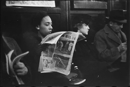 [Five 35mm Film Frames: Subway Passengers, New York City: Woman in Fur Collar Reading Newspaper, Two Young Women, Man Leaning on Cane]