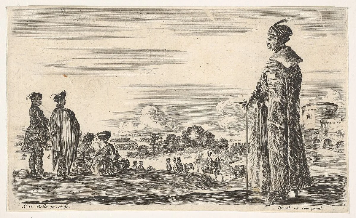 A Polish man in a long robe standing at right in profile, facing left, other Polish men to left, groups of horsemen to left in background and a castle to right in background, from 'Various figures and lands' (Diverse figure e paesi) — Stefano della Bella|Israël Henriet