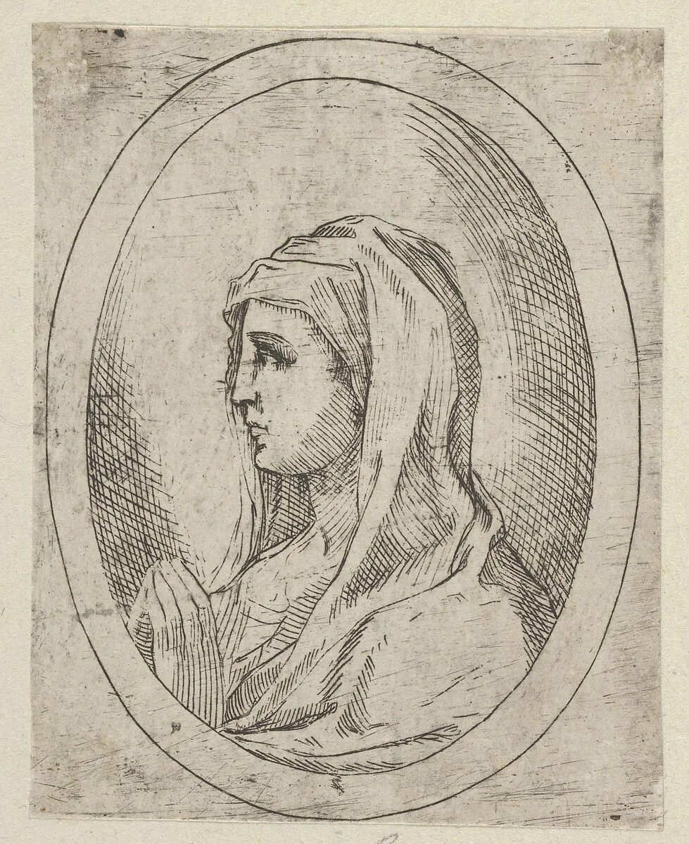 The Virgin in prayer, seen in profile facing left, in an oval frame, from "Christ, the Virgin, and Thirteen Apostles" — Anonymous, 17th century|Guido Reni