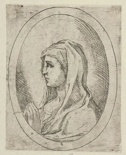 The Virgin in prayer, seen in profile facing left, in an oval frame, from "Christ, the Virgin, and Thirteen Apostles"