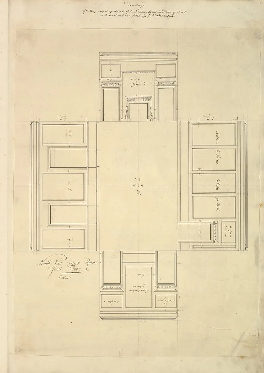 Treasury House, 10 Downing Street, London: Plan of the First-floor Parlor (Northeast Corner Room) — Isaac Ware|William Kent|Robert Walpole, 1st Earl of Orford