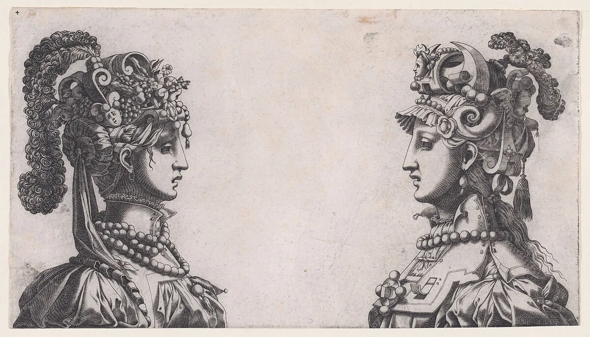 Busts of Two Women Wearing Fantastical Head-dresses — René Boyvin|Rosso Fiorentino