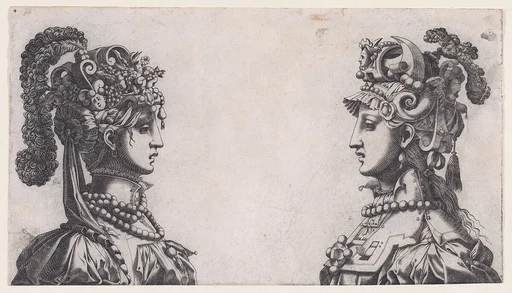 Busts of Two Women Wearing Fantastical Head-dresses