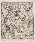 Story of Jonah: Jonah on the deck of a ship, collapsed over a stack of ropes at left, another man holding onto him and raising a finger — Marcus Behmer
