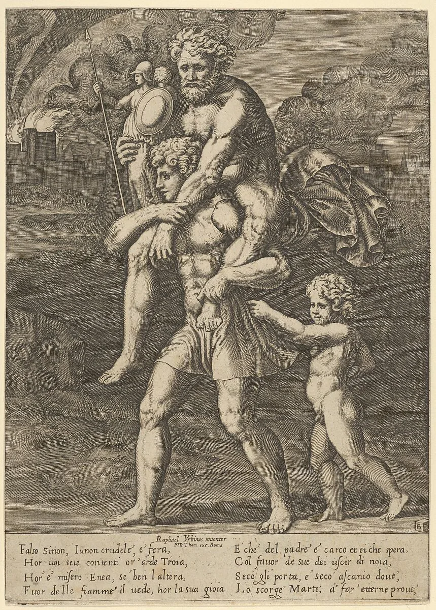 Aeneas carrying Anchises on his shoulders while Troy burns in the background — Master of the Die|Raphael (Raffaello Sanzio or Santi)|Philippe Thomassin