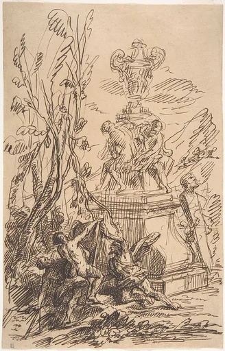 Three Men in a Landscape near Sculptures