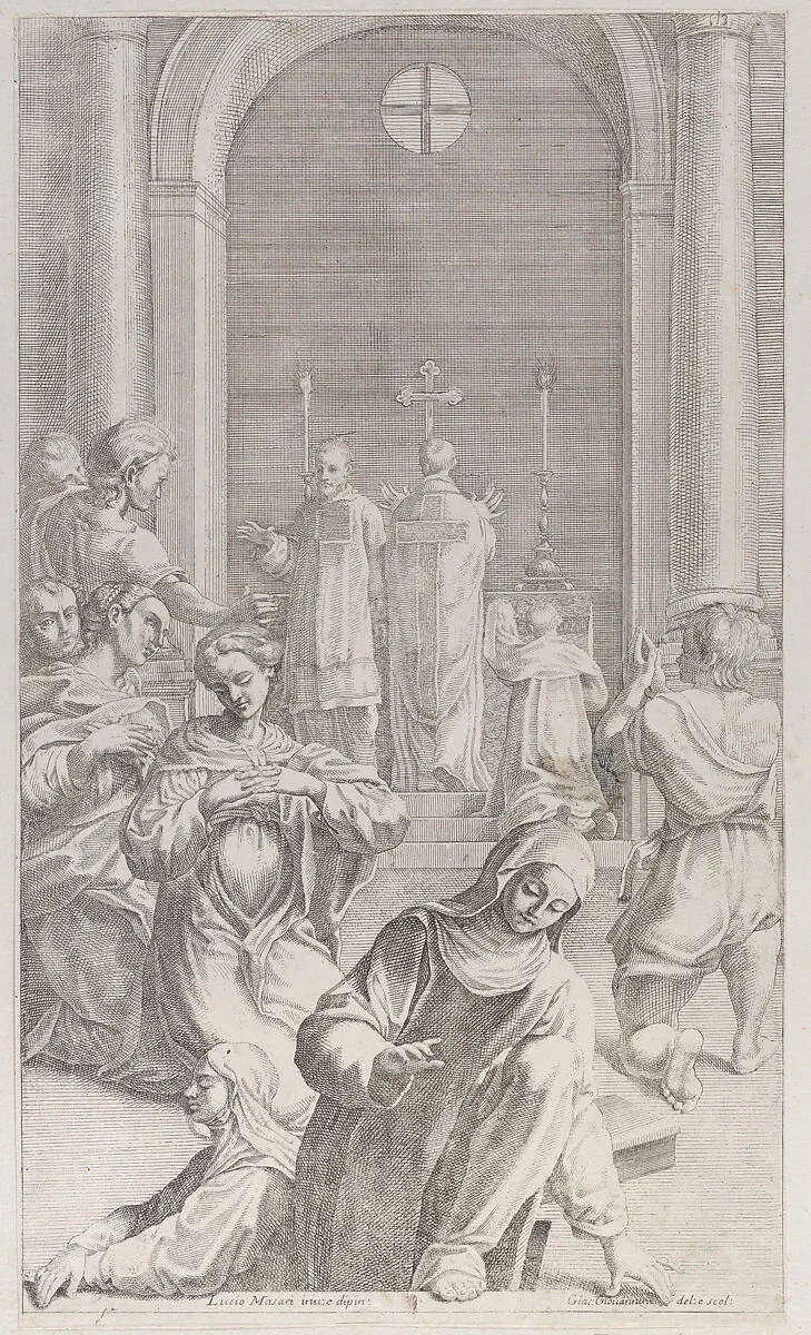 Two nuns emerging from a tomb while Saint Benedict celebrates the Mass — Lucio Massari|Giacomo-Maria Giovannini