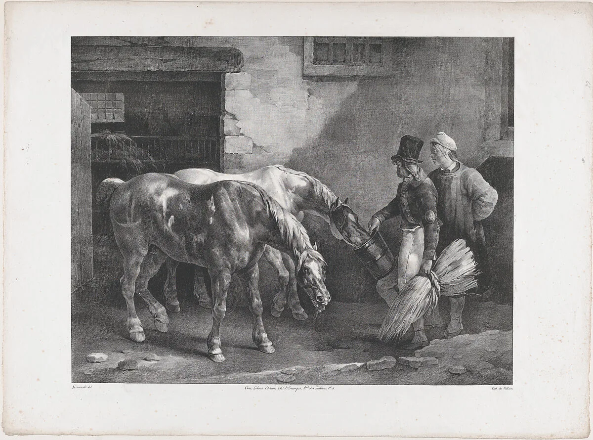 Two Post Horses at the Door of a Stable — Théodore Gericault