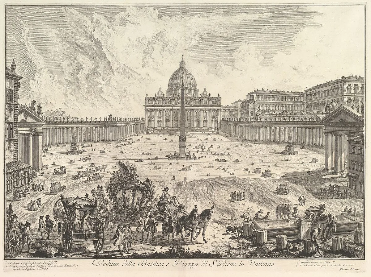 View of St. Peter's Basilica and Piazza in the Vatican, from "Vedute di Roma" (Roman Views) — Giovanni Battista Piranesi|Giovanni Bouchard