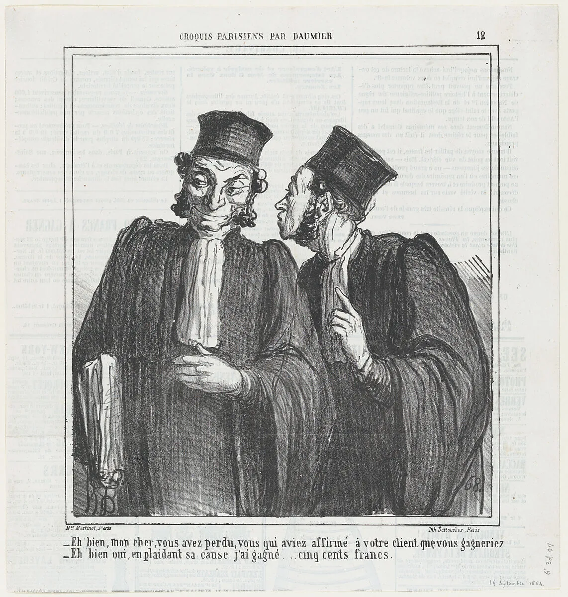 Well my friend, it seems you have lost..., from 'Parisian sketches,' published in Le Charivari, September 14, 1864 — Honoré Daumier|Aaron Martinet|Destouches