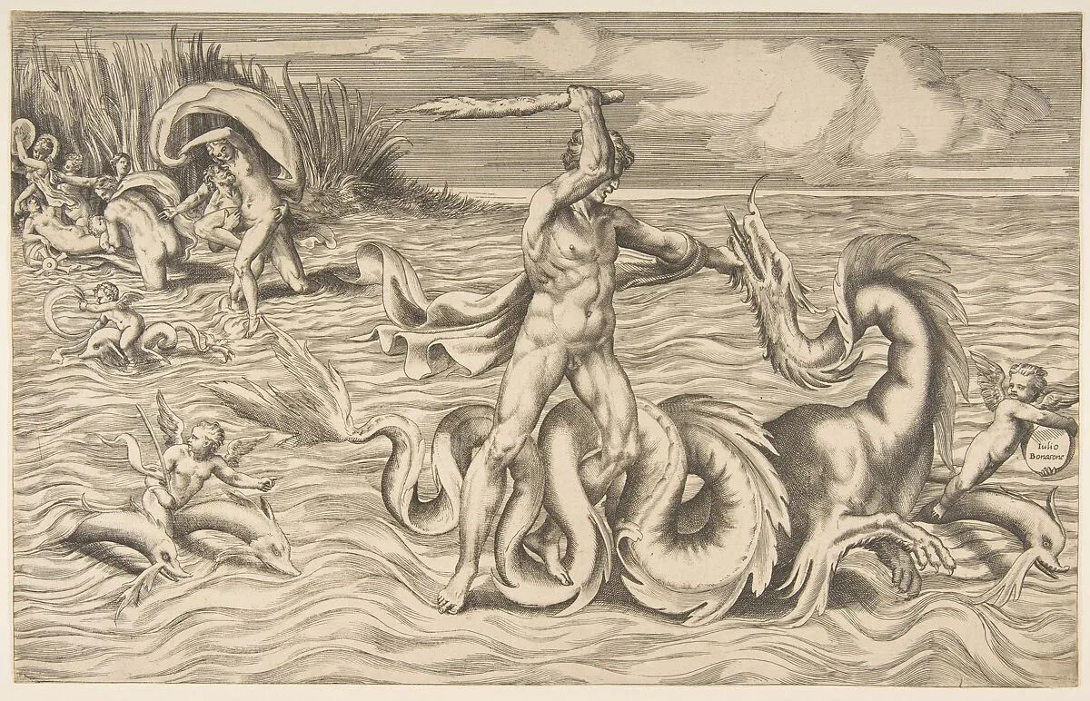 Hercules fight adragon in the centre, Achelous carrying off Deianeira upper left — Giulio Bonasone