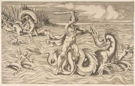 Hercules fight adragon in the centre, Achelous carrying off Deianeira upper left