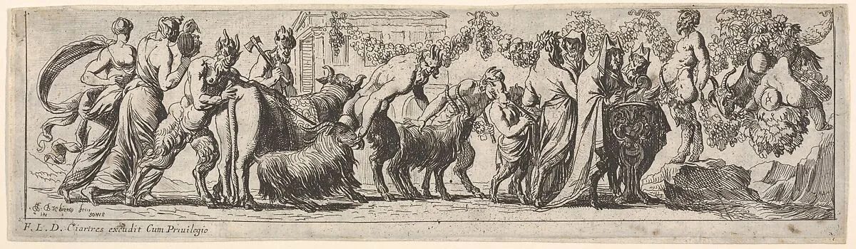 Procession of satyrs and draped figures leading two goats and cow to sacrifice, at right the figure of Pan stands on a rocky pedestal, from a series of twelve frieze-like designs showing bacchanals, sacrifices, and dances — Pierre Brebiette|François Langlois