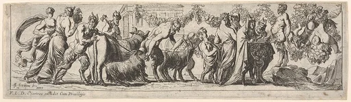 Procession of satyrs and draped figures leading two goats and cow to sacrifice, at right the figure of Pan stands on a rocky pedestal, from a series of twelve frieze-like designs showing bacchanals, sacrifices, and dances