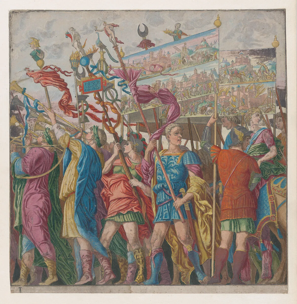 Sheet 1: Soldiers carrying banners depicting Julius Caesar's triumphant military exploits, from "The Triumph of Julius Caesar" — Andrea Andreani|Andrea Mantegna|Bernardo Malpizzi