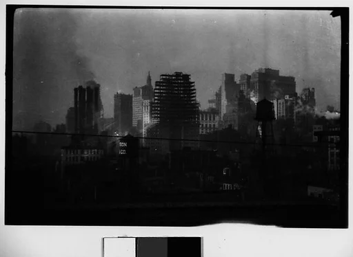[Manhattan Skyline with Brooklyn Bridge Trussing, New York City]