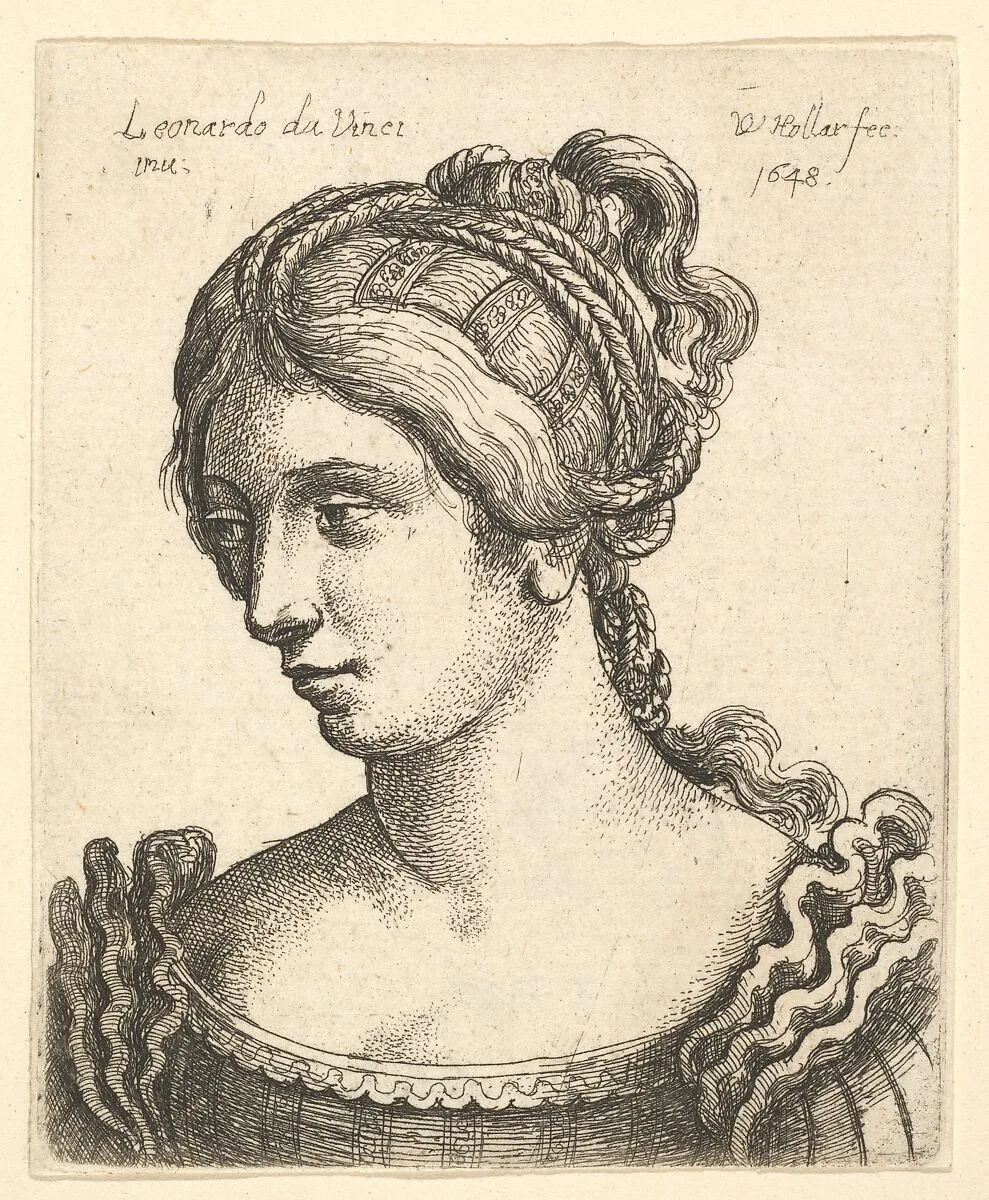 Bust of a woman looking downwards towards left with elaborately decorated hair — Leonardo da Vinci|Wenceslaus Hollar