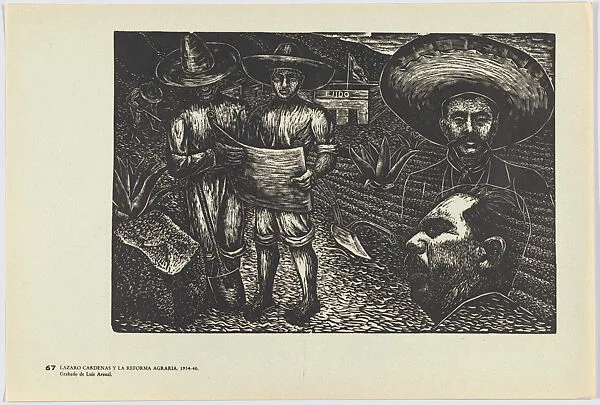 Plate 67: Lázaro Cárdenas with a farmer looking at plan for agraian reform, from the portfolio 'Estampas de la revolución Mexicana' (prints of the Mexican Revolution) — Luis Arenal|Taller de Gráfica Popular