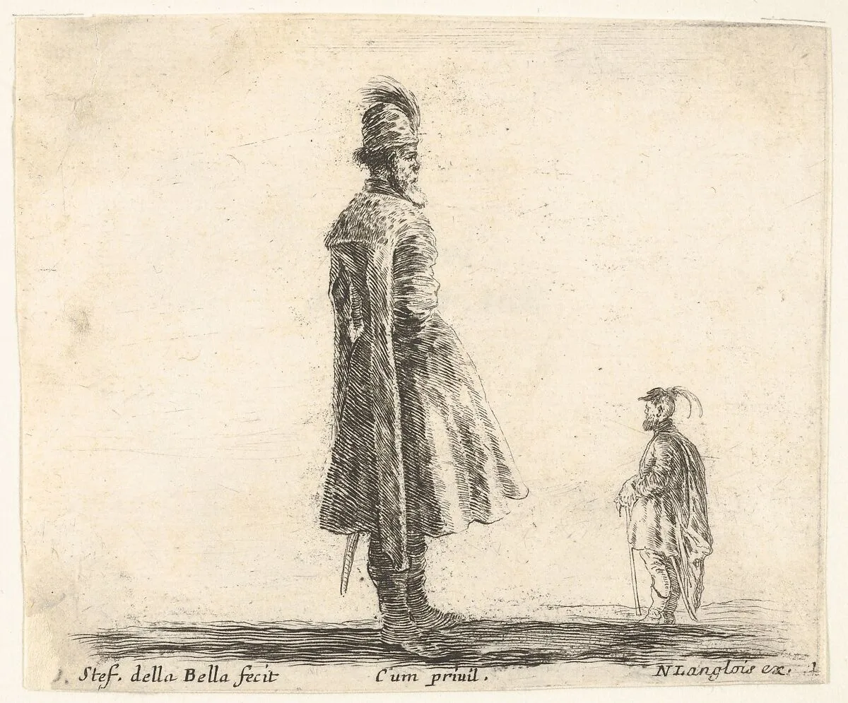 Plate 20: an old Polish nobleman wearing a plumed hat in center, standing in profile facing right, another Polish man to right in background, standing in profile facing left, from 'Diversi capricci' — Stefano della Bella|Nicolas Langlois