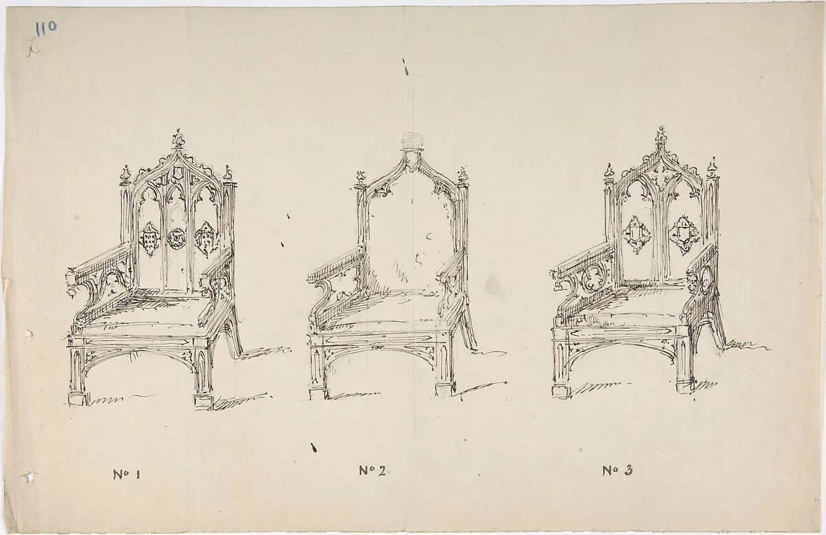 Design for Three Low Gothic Style Arm Chairs — Anonymous, British, 19th century