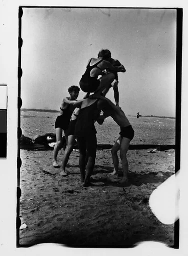 [Two 35mm Film Frames: Human Pyramid on Beach, Coney Island?, New York]