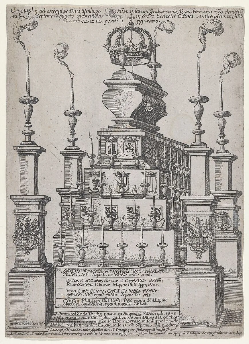 Catafalque of Philip II, King of Spain, in Antwerp Cathedral, December 8, 1598 — Anonymous, Netherlandish, 16th century|Adrian Huberti