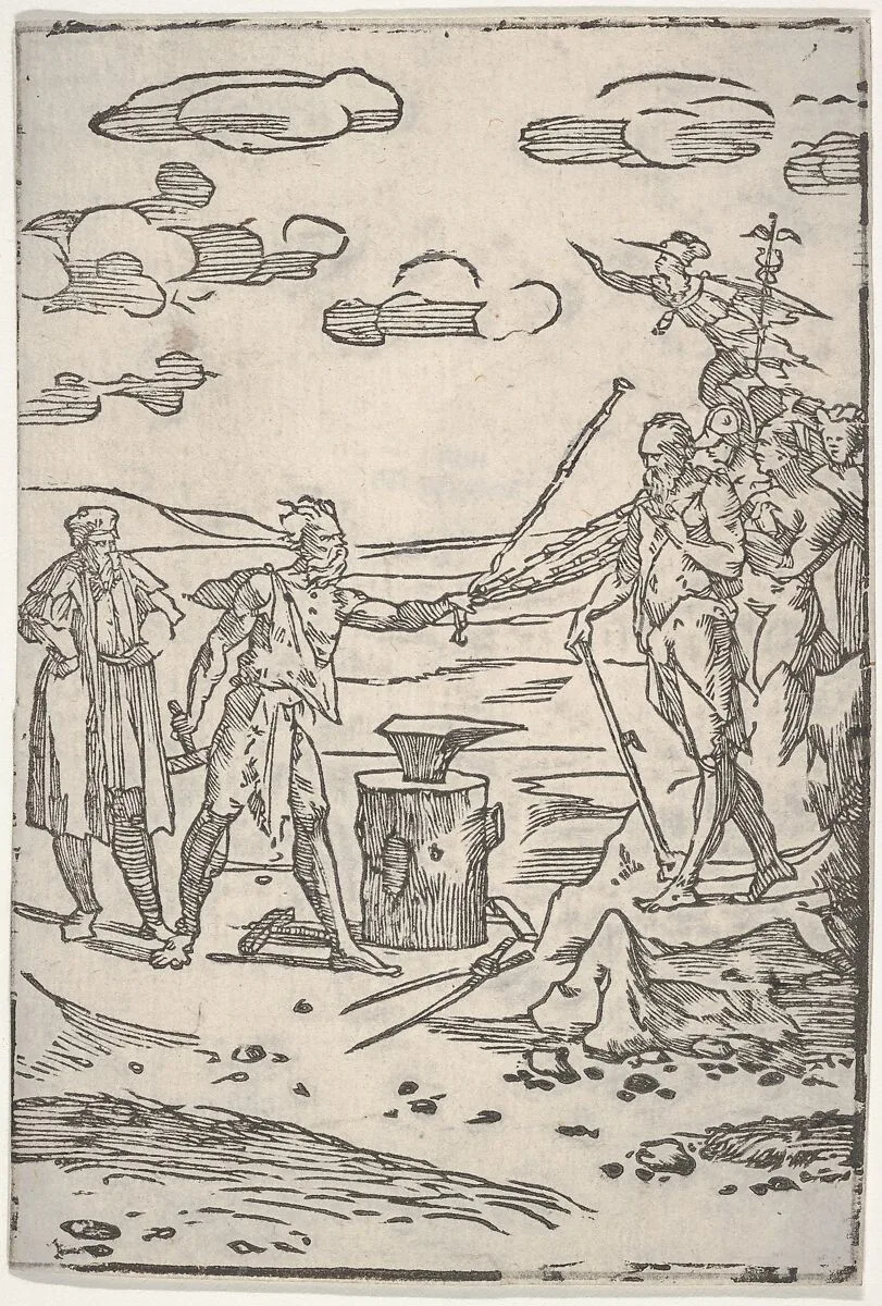 The forger standing by an anvil pulling a man in chains, from the series 'The various operations of alchemy' — Domenico Beccafumi