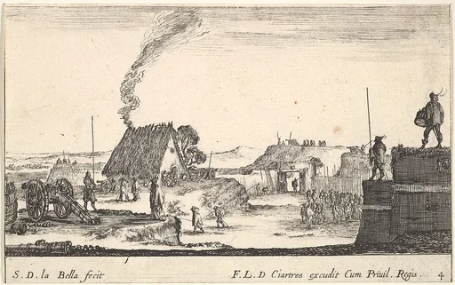 Plate 4: A military encampment with a soldier standing on a parapet to the right beating a drum, from 'Various Military Caprices' (Varii capricci militari)