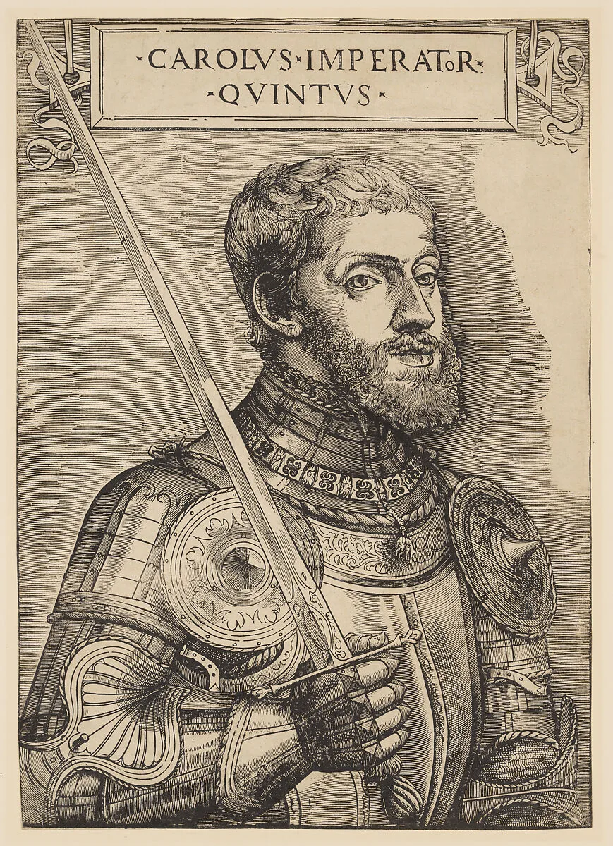 Charles V, bust length, holding a sword, facing right — Titian (Tiziano Vecellio)|Giovanni Britto|Charles V, Holy Roman Emperor