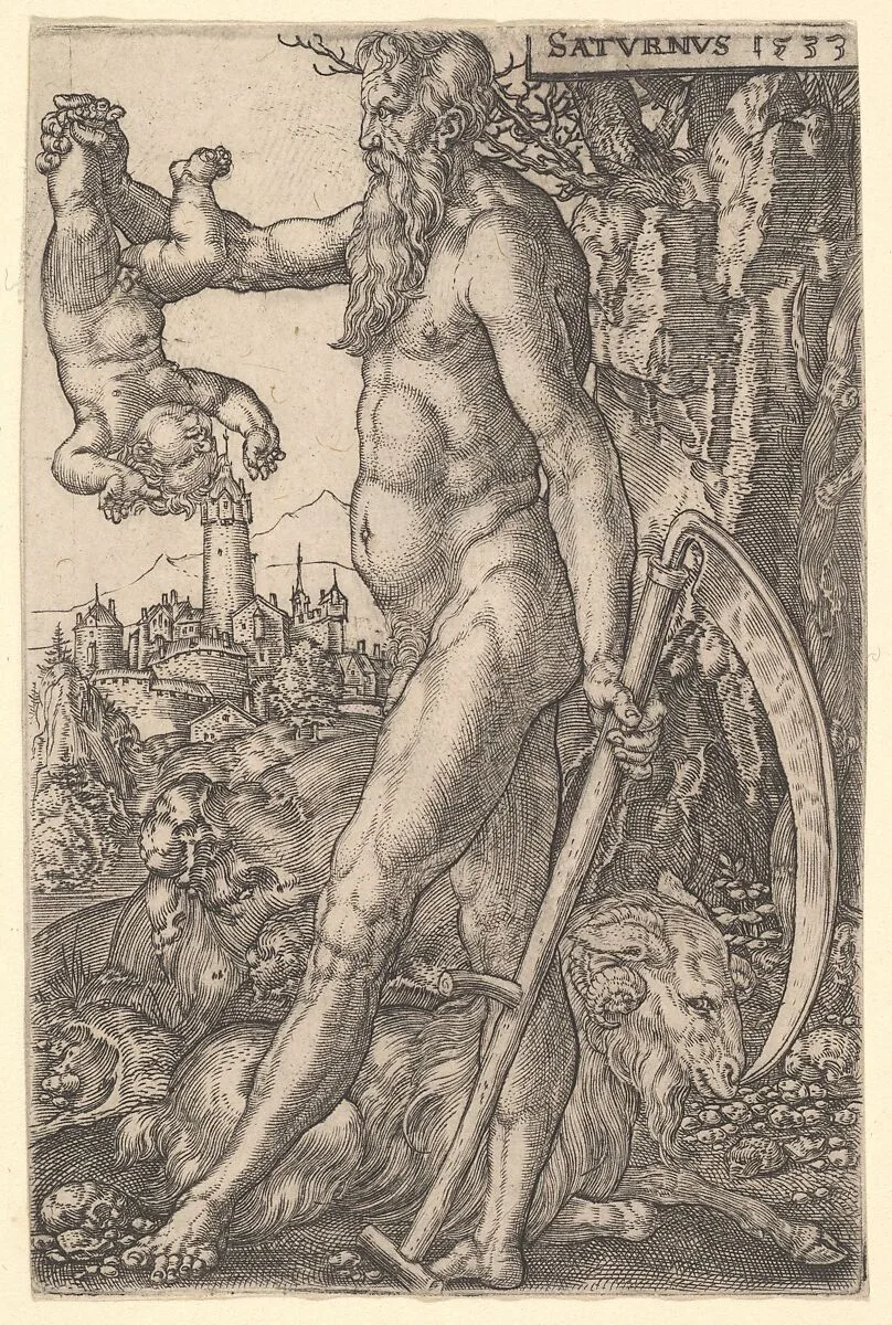 Saturn holding an Infant and a Scythe, from The Seven Planets — Heinrich Aldegrever
