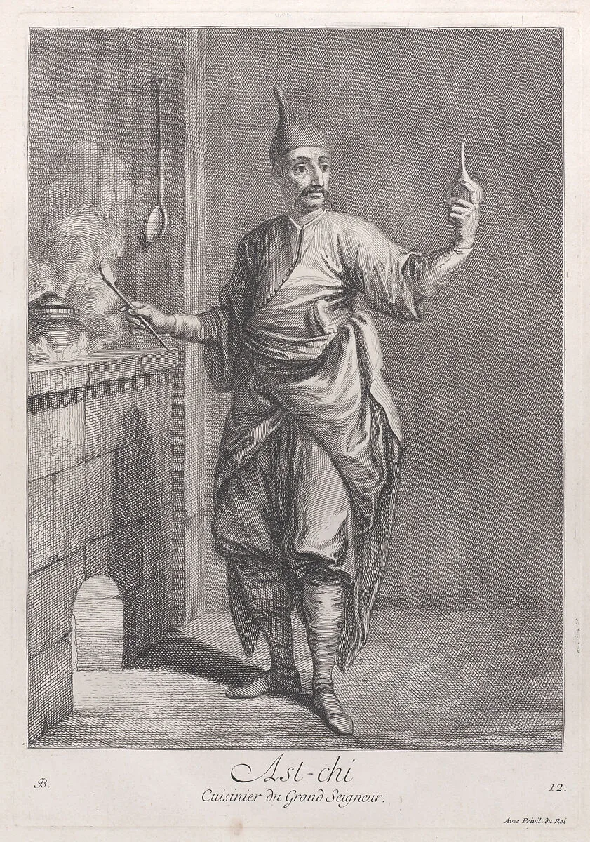 Ast-chi, Cuisinier du Grand Seigneur, plate 12 from "Recueil de cent estampes représentent differentes nations du Levant" — Jacques le Hay|Jean Baptiste Vanmour