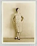 8 x 10 inch black and white photograph of model wearing dress made from Stehli Silks Americana Print collection.