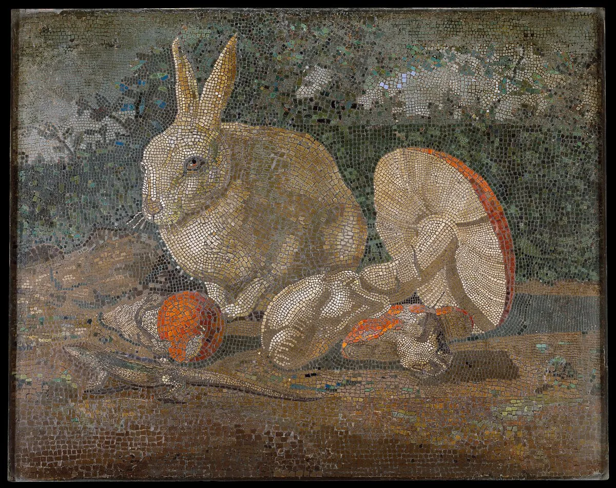 Tile mosaic with rabbit, lizard and mushroom — Unknown