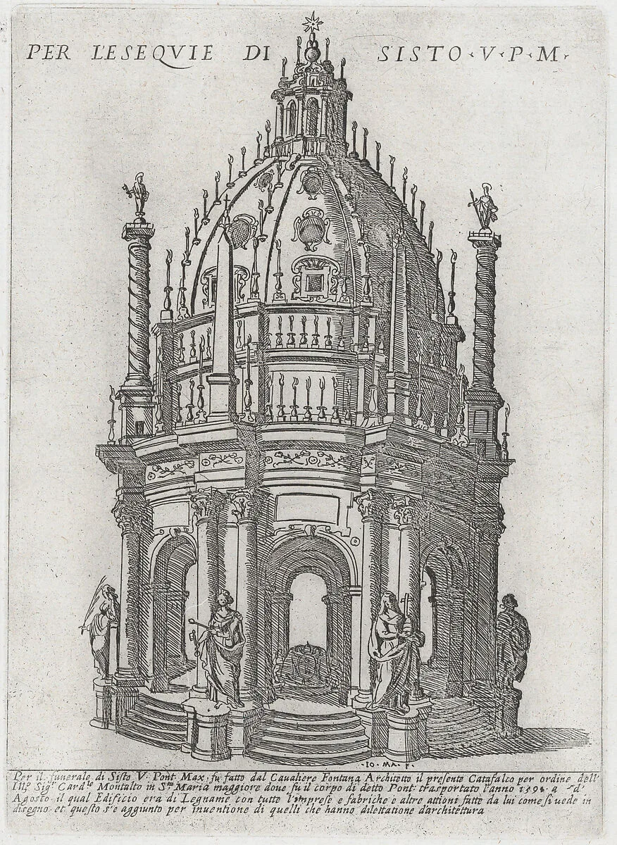 Catafalque for Pope Sixtus V; from 'Libro De Catafalchi, Tabernacoli, con varij designi di Porte fenestre et altri ornamenti di Architettura' — Domenico Fontana|Giovanni Giacomo De Rossi|Giovanni Maggi