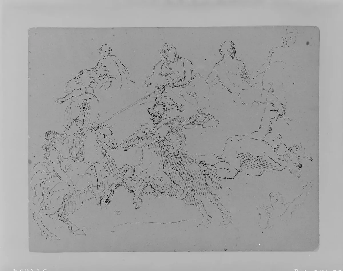 Various Figure Sketches, Including Two Battling Equestrains, Two Wrestlers (from Sketchbook) — Thomas Sully