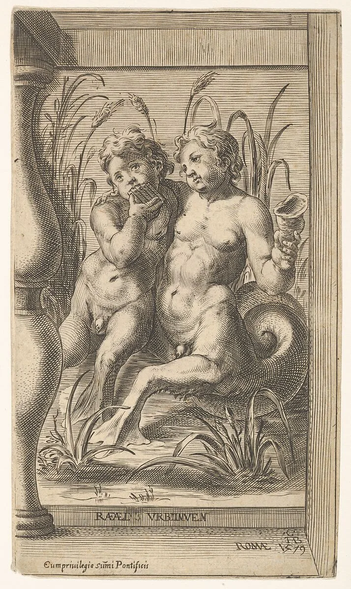 Two tritons embracing, one playing a panpipe, the second holding a conch shell set within a recessed space — Cherubino Alberti (Zaccaria Mattia)|Raphael (Raffaello Sanzio or Santi)