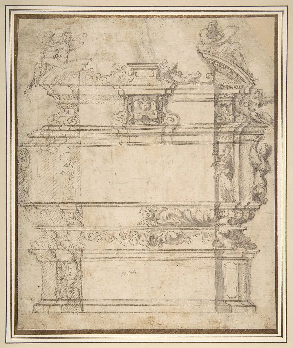 Design for a Tomb with Female Figures, Putti and Mythological Creatures — Anonymous, Italian, 16th century