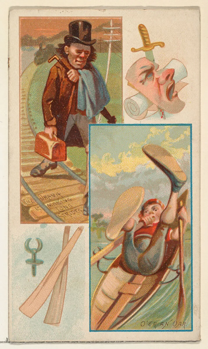 The Drama is Making Long Strides / O'er an Oar, from the Jokes series (N118) issued by Duke Sons & Co. to promote Honest Long Cut Tobacco — W. Duke, Sons & Co.|American Tobacco Company|George S. Harris & Sons