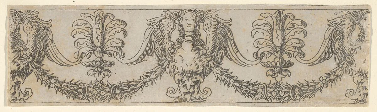 Fragment of a horizontal frieze with female bust in the center, garlands, anthemia, cut from a plate of border segments — Francesco Rosselli