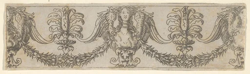 Fragment of a horizontal frieze with female bust in the center, garlands, anthemia, cut from a plate of border segments